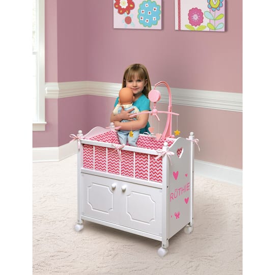 Badger Basket White Cabinet Doll Crib with Pink & White Chevron Bedding